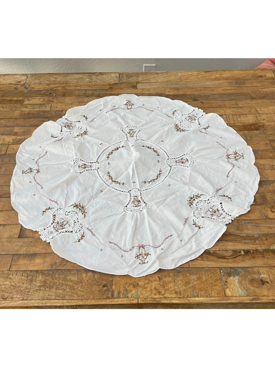 Handmade Other - Handmade 32" Diameter Round Embroidered Doily Crochet Detail Cross Stitch